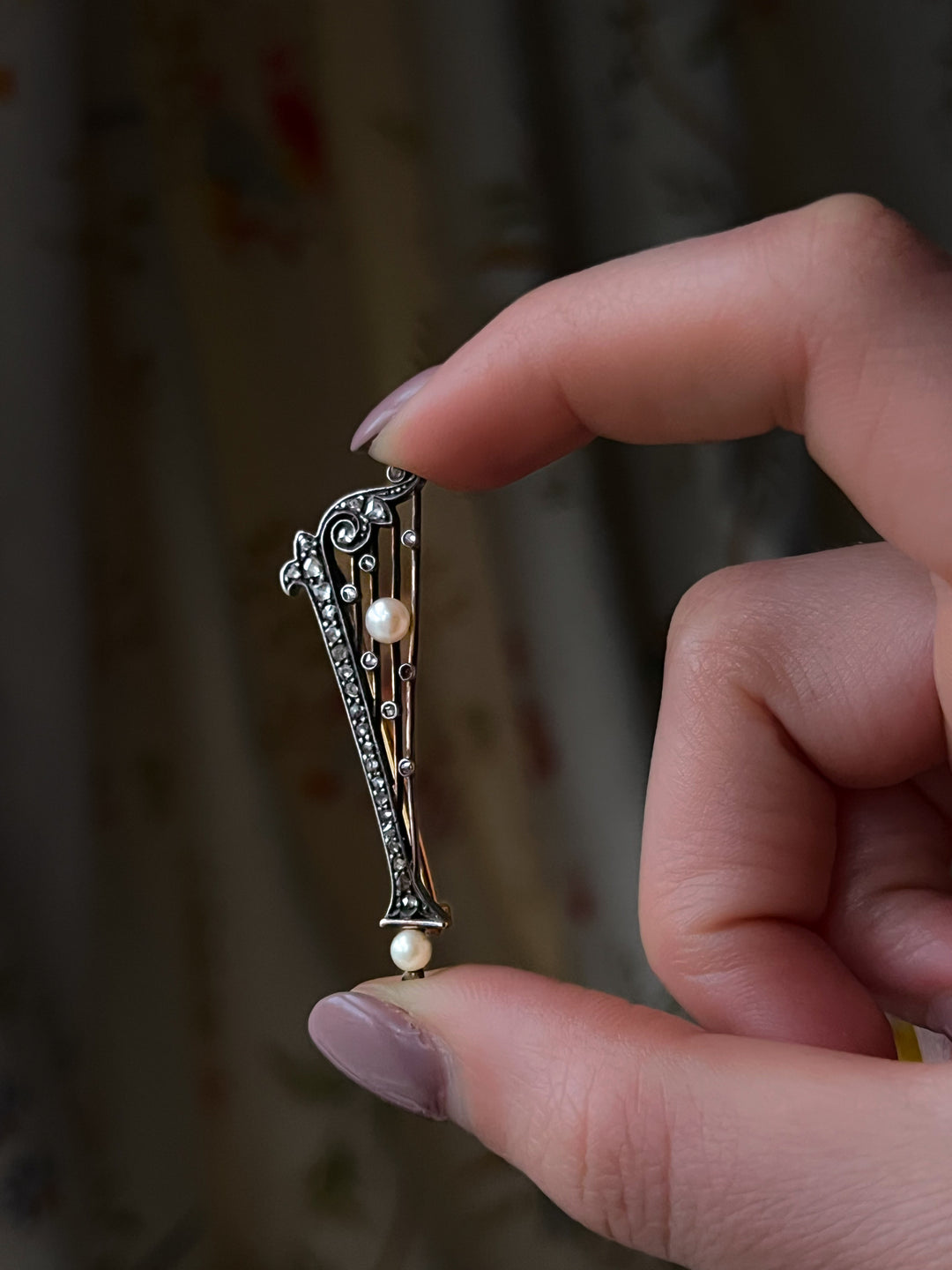 French Diamond And Pearl Harp Brooch Circa 1850