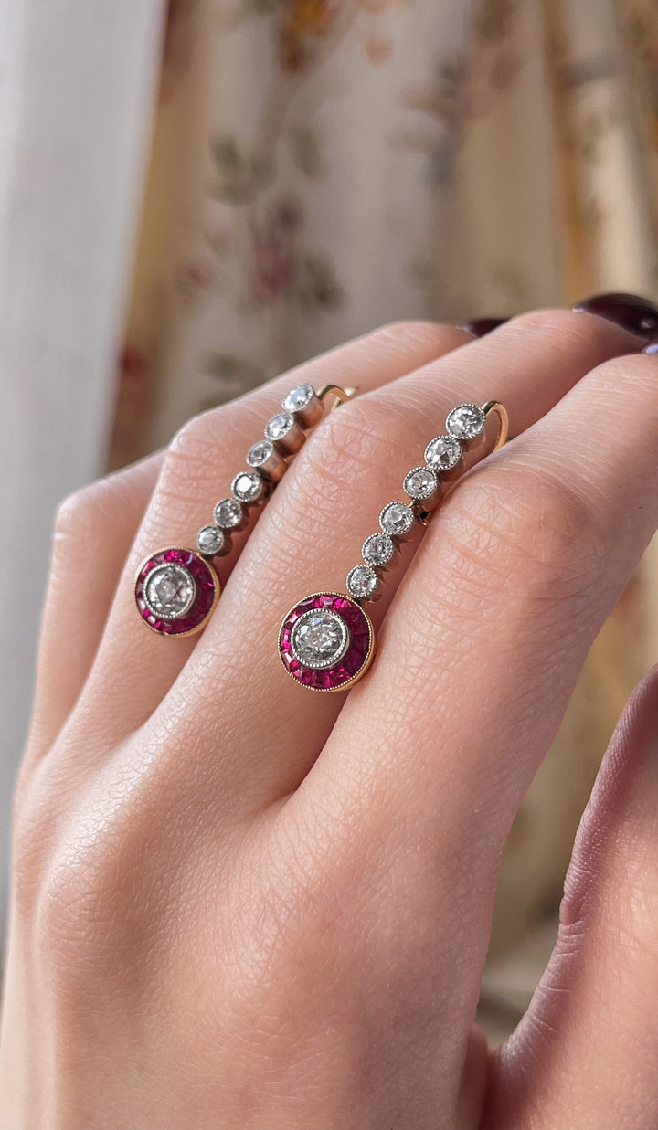 Marvelous Ruby and Diamond Art Deco Target Earrings