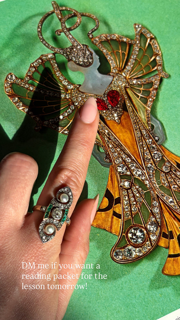 French Art Nouveau Diamond, Emerald & Grey Pearl Ring