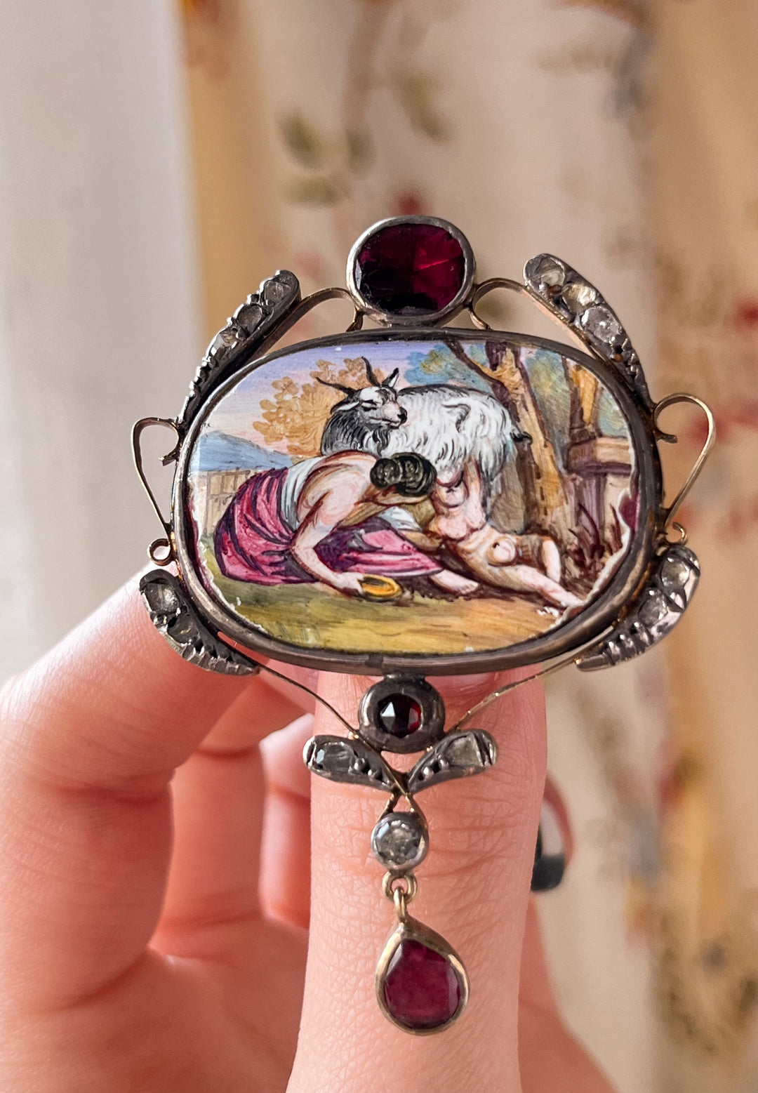 Porcelain Brooch Miniature of Zeus and Almatheia In Crete With Garnets and Diamonds