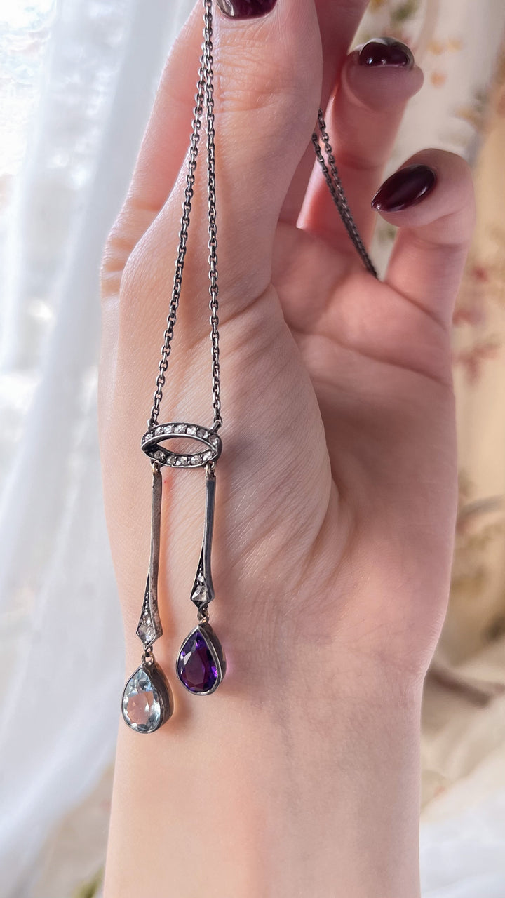 Dainty Aquamarine, Amethyst, and Diamond Lavaliere Necklace