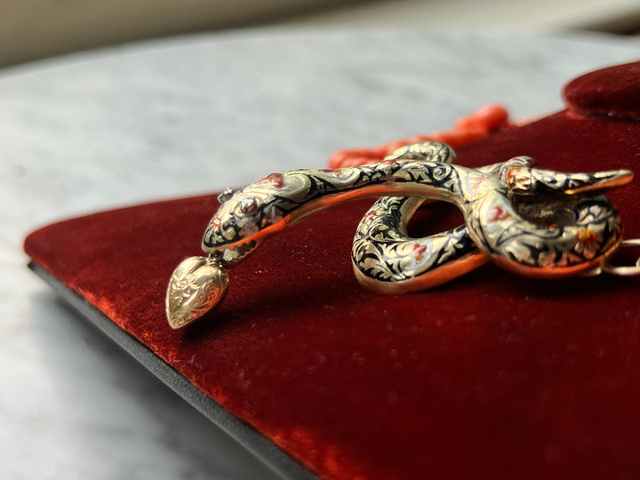 Outstanding Coral and Enamel Snake Necklace c. 1830