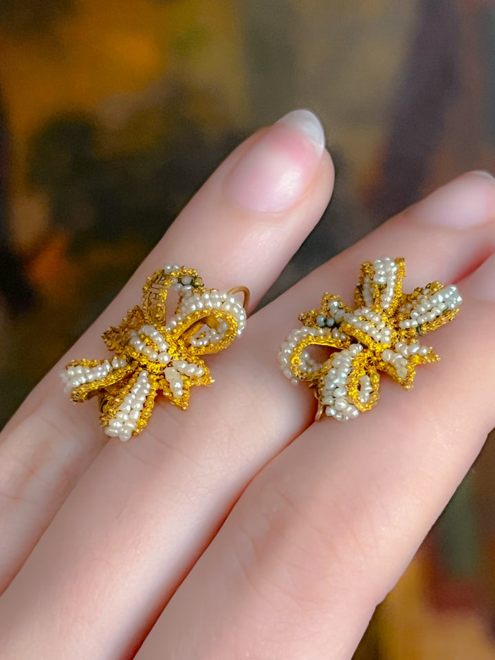French 18ct Pearl Bow Earrings Circa 1800