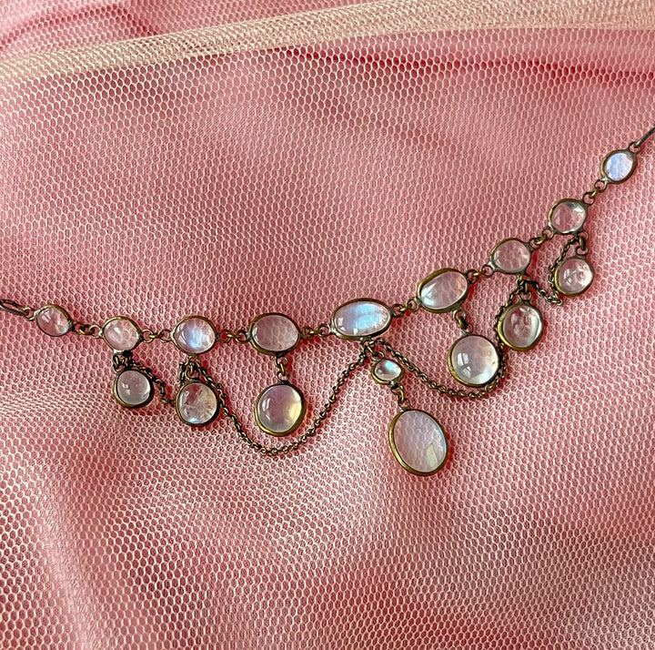 Edwardian Sterling Silver And Moonstone Fringe Necklace C. 1910