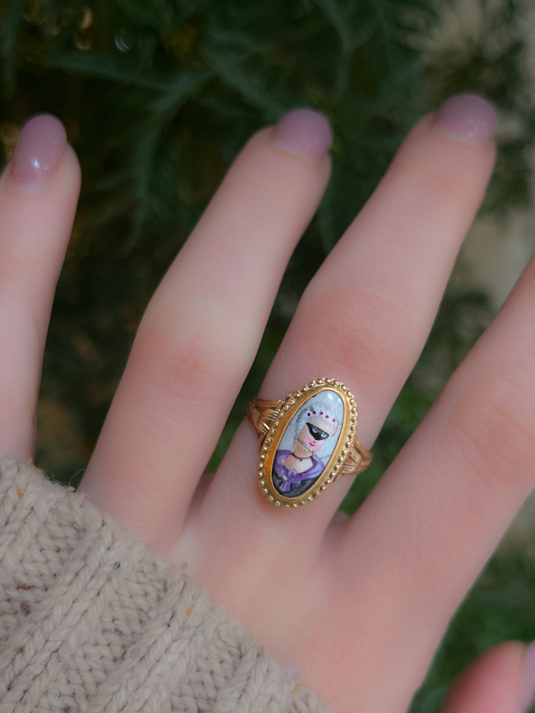 Extremely Rare 19th C French Enamel Ring of Masked Woman 18k