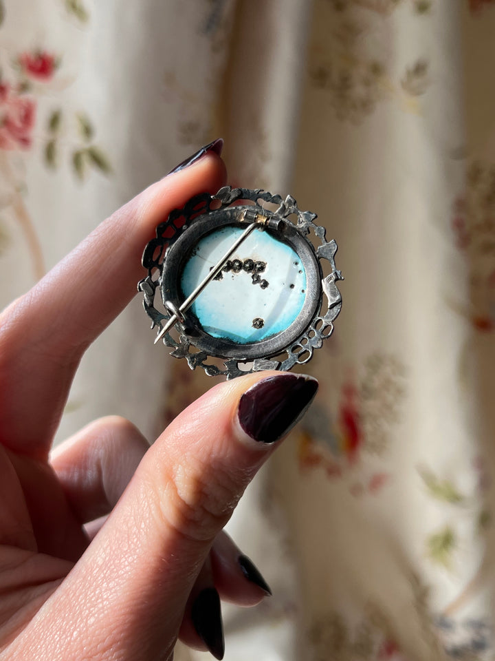 Sterling Silver 18th Century Portrait Brooch With Paste Garland and Halo