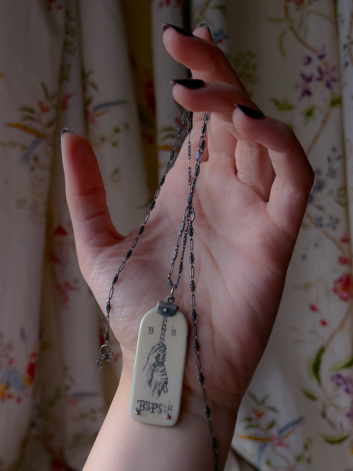 Rare 20th c Scrimshaw Pendant in Sterling with Chain