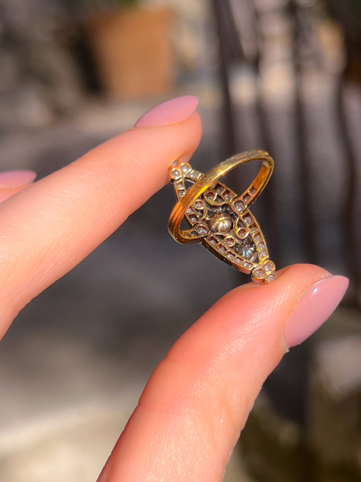 French Belle Époque Platinum and Diamond Navette With Pearls