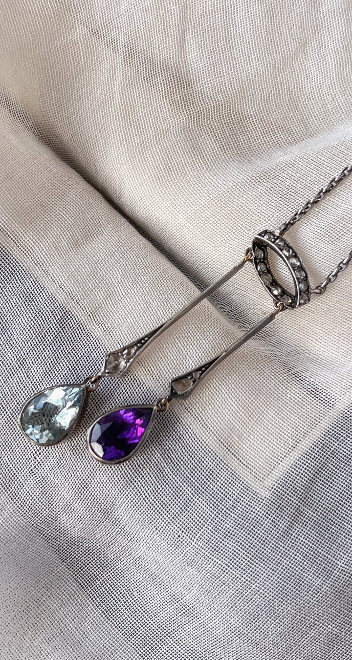 Dainty Aquamarine, Amethyst, and Diamond Lavaliere Necklace