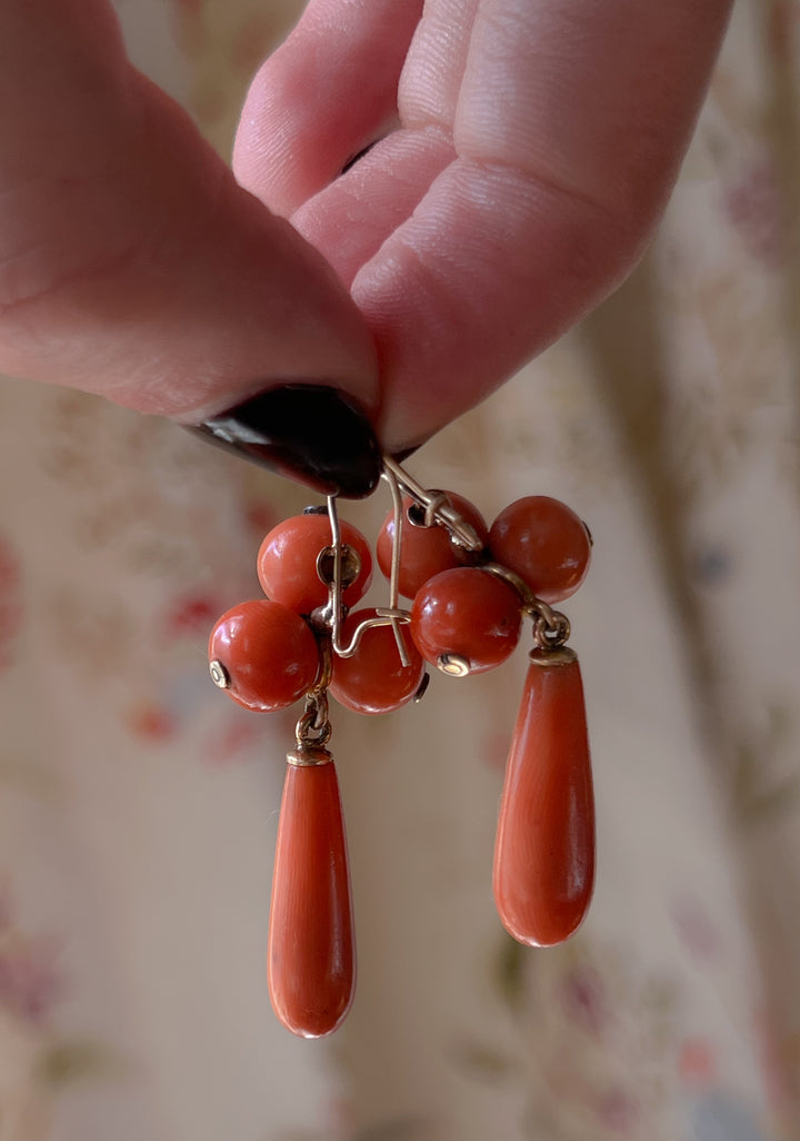 Stunning Pair of 1930's Coral Drop Earrings in 14ct