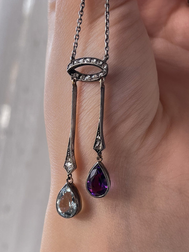 Dainty Aquamarine, Amethyst, and Diamond Lavaliere Necklace