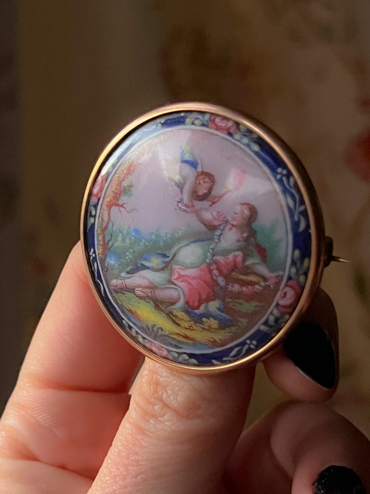 Rare French 19th C Brooch of Cupid with His Victim