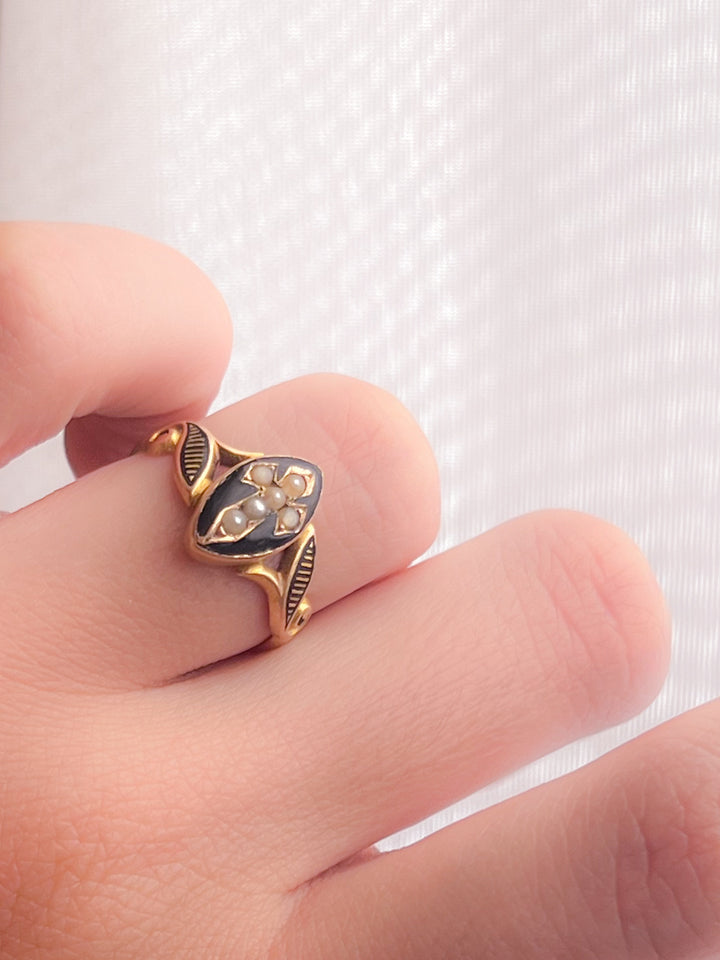 15ct Victorian Gothic Enamel and Pearl Cross Ring
