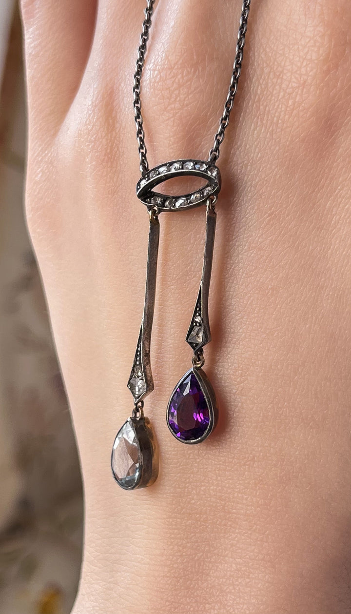 Dainty Aquamarine, Amethyst, and Diamond Lavaliere Necklace