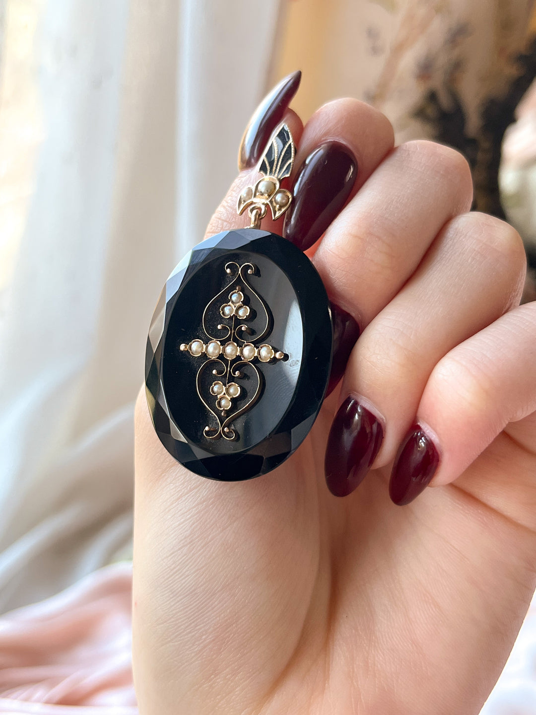 Onyx and Pearl Oval Cut Locket Pendant