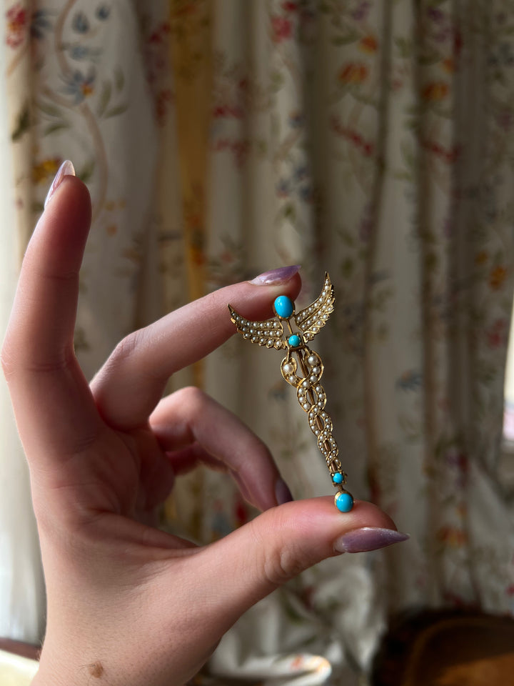 Stunning 18ct Turquoise and Pearl Caduceus Brooch C 1905