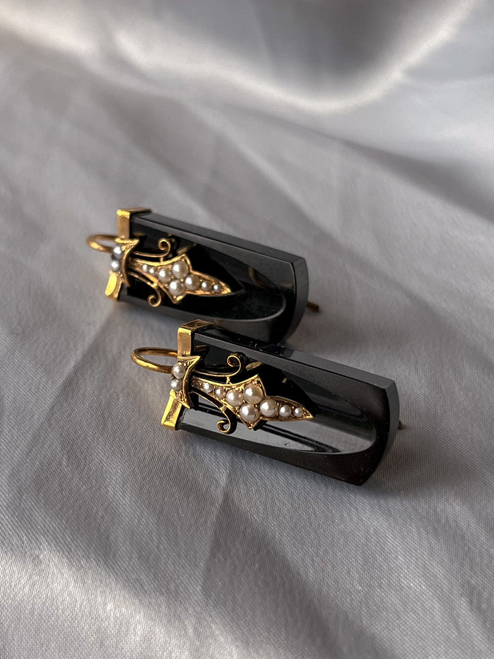 Gorgeous Onyx and Pearl Victorian Geometric Conversion Earrings