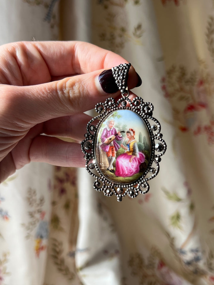 Rare Cut Steel Enamel Miniature Pendant Circa 1830