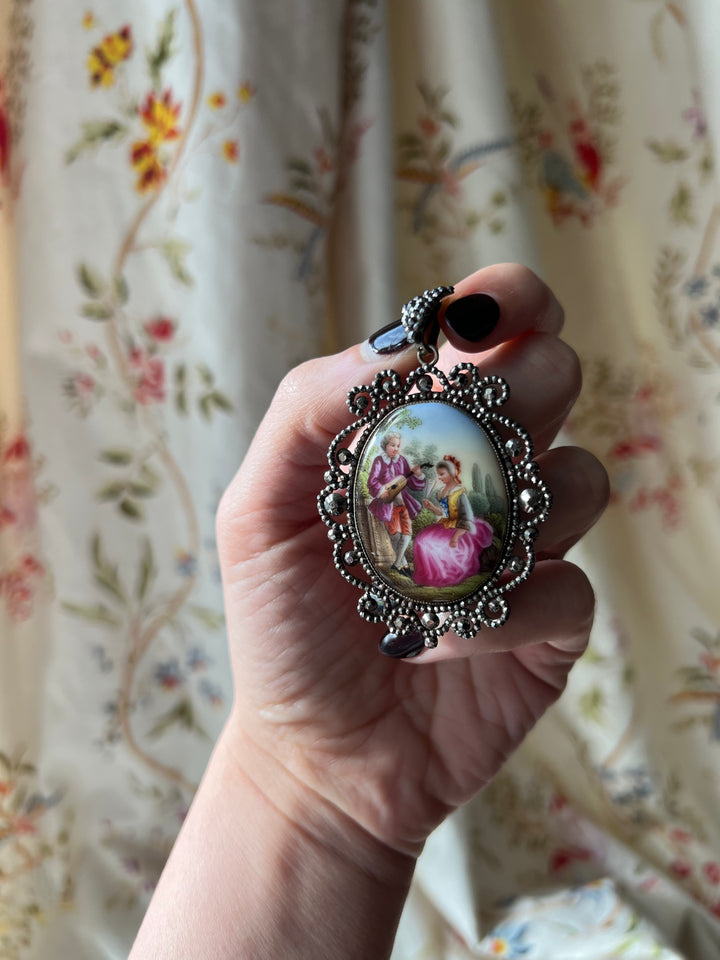 Rare Cut Steel Enamel Miniature Pendant Circa 1830