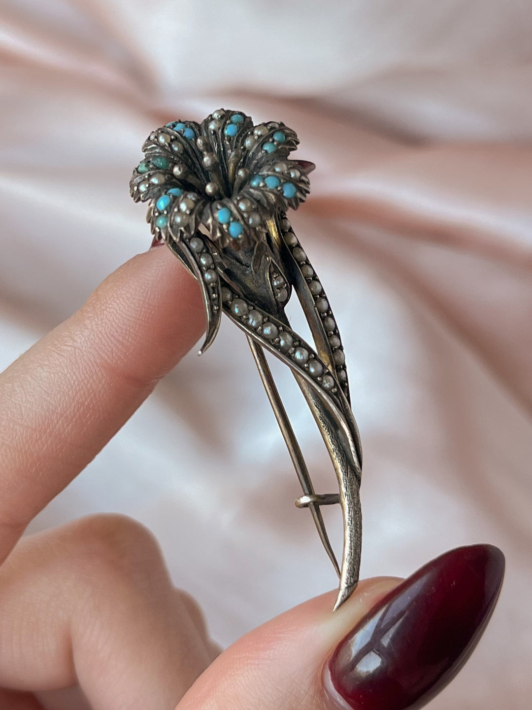 Superb Sterling and Turquoise Buttoner Brooch C. 1870