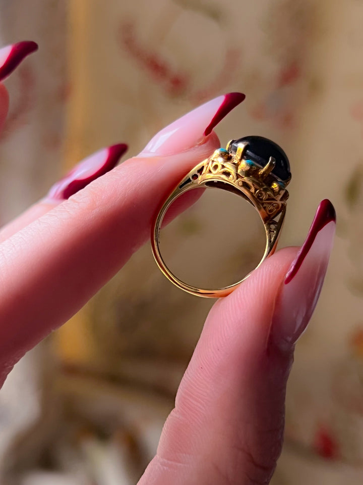 Garnet Cabochon and Turquoise Victorian Revival Cluster Ring