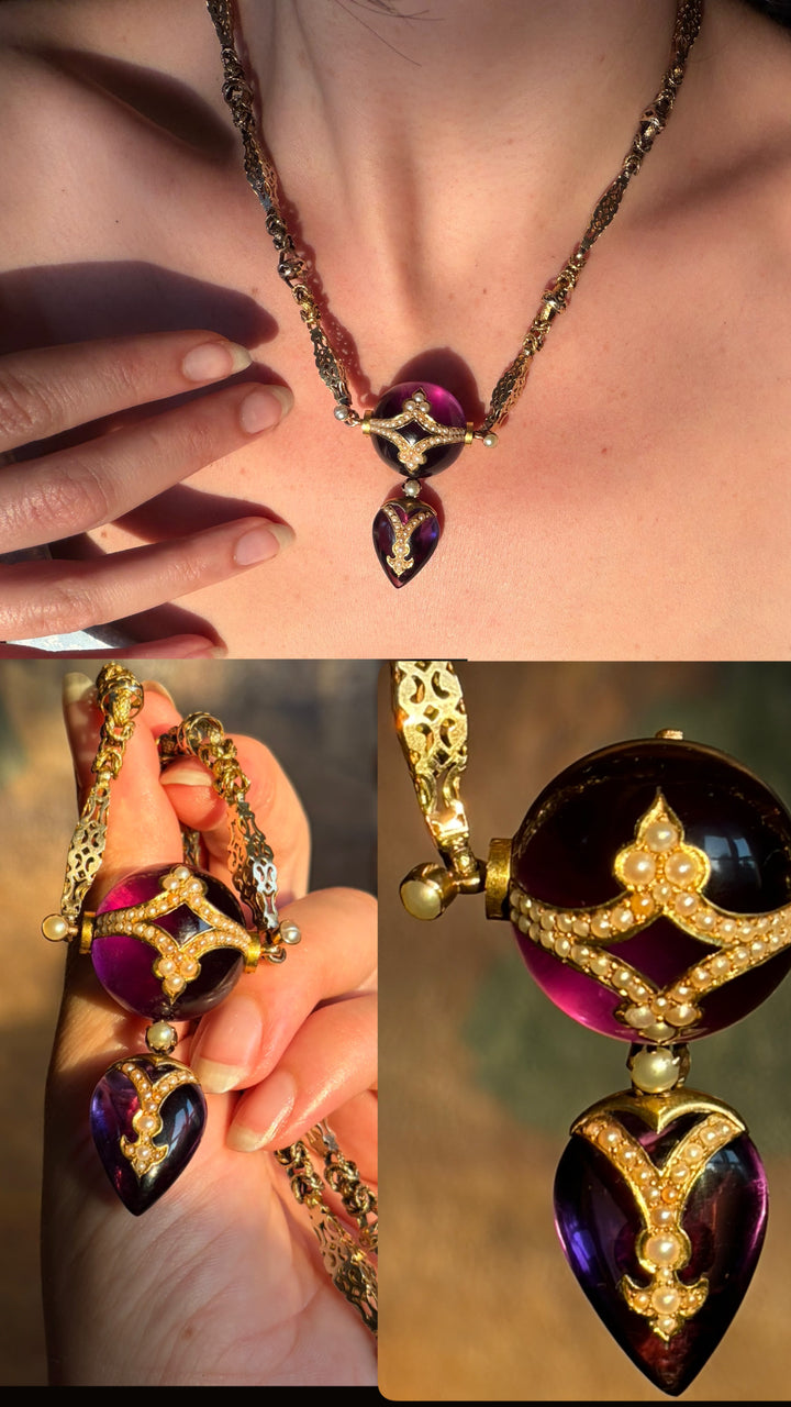 English Aestheticism 15ct Amethyst Orb & Heart Necklace | Est. 34ctw | Pearl Inlay | c.1870