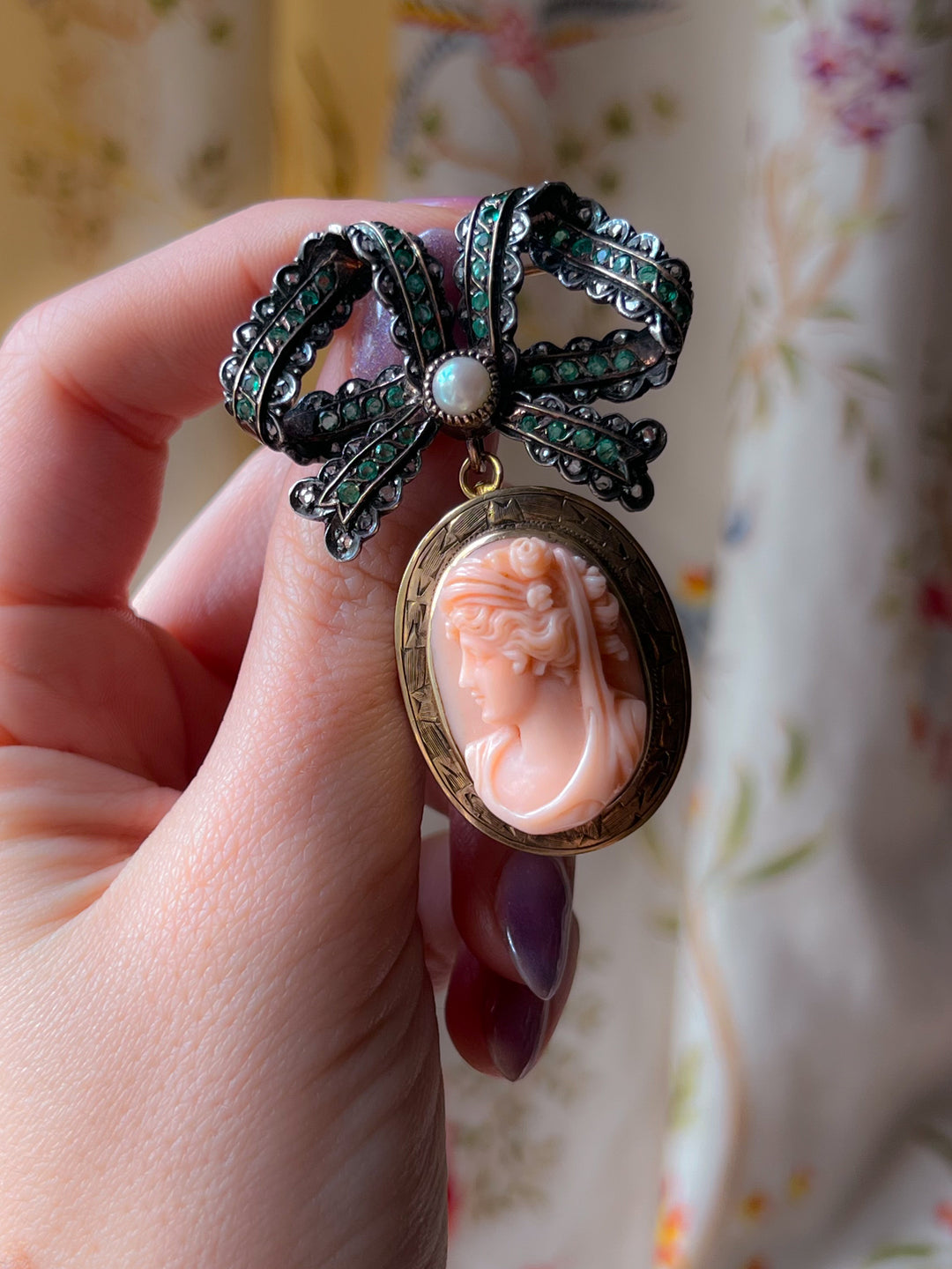 Outstanding Emerald Diamond Bow Pendant c 1855