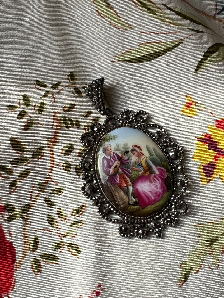 Rare Cut Steel Enamel Miniature Pendant Circa 1830