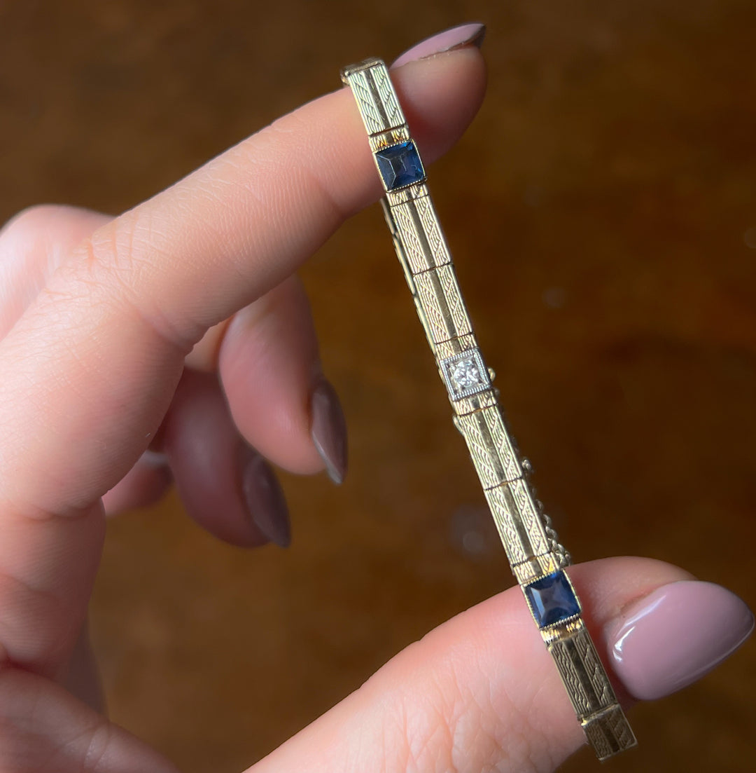 Stunning Art Deco Sapphire and Diamond Line Bracelet in 14ct