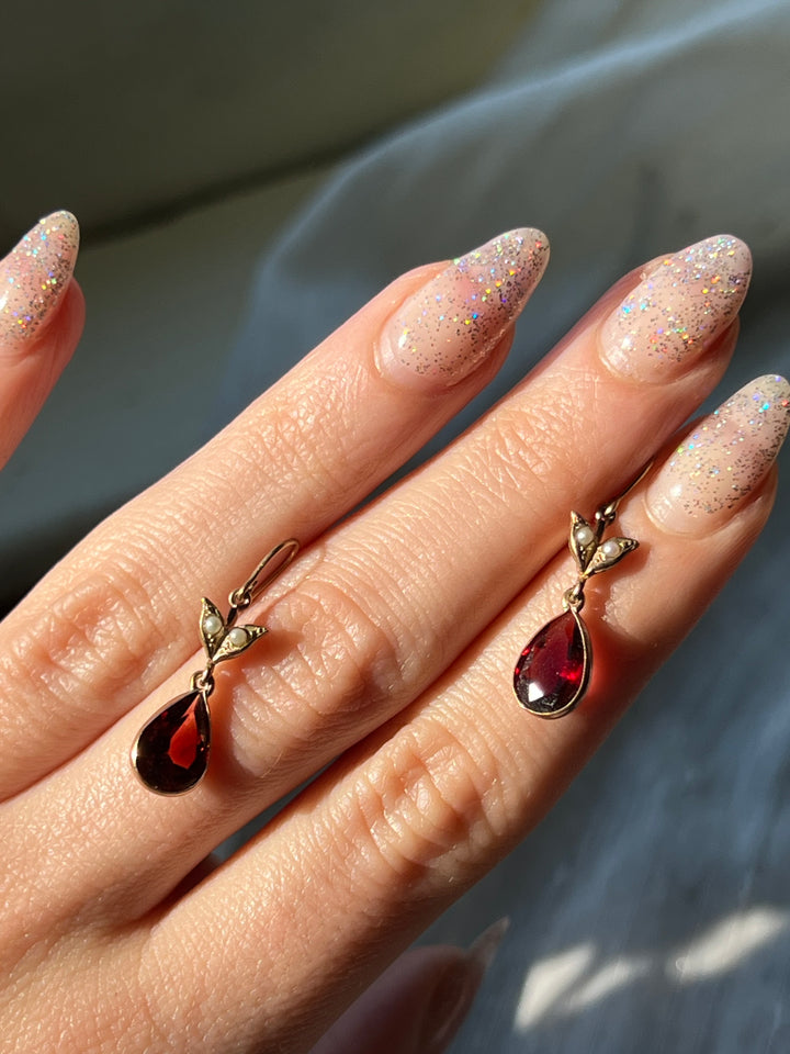 Gorgeous Garnet Pearl Edwardian Earrings in 9ct Pink Gold