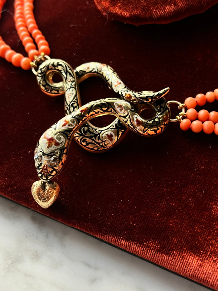 Outstanding Coral and Enamel Snake Necklace c. 1830