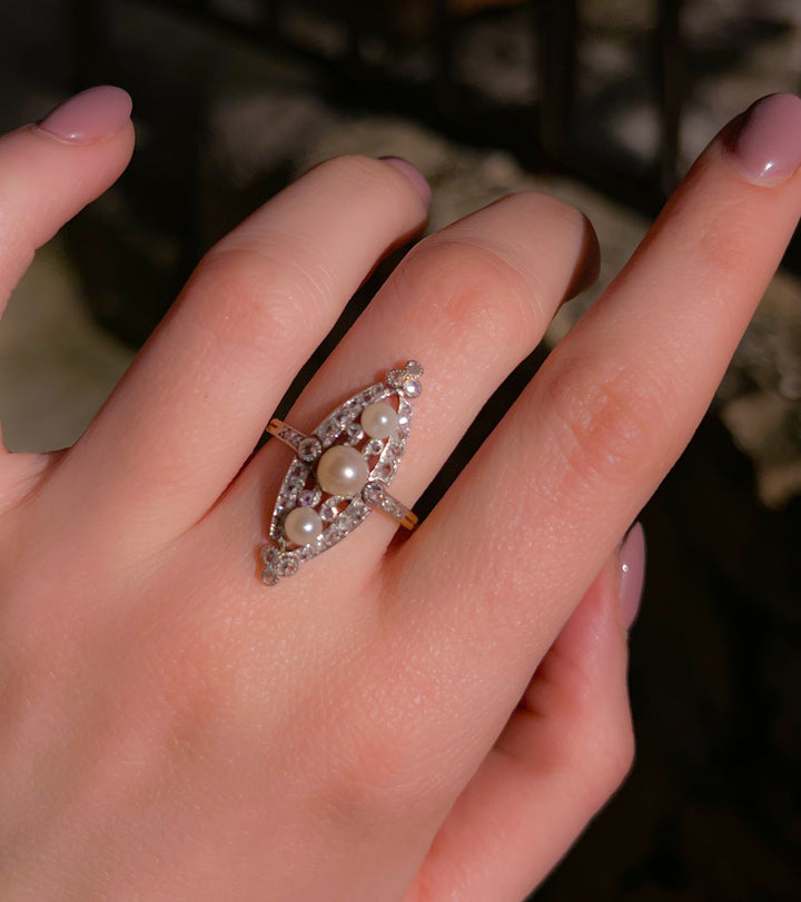French Belle Époque Platinum and Diamond Navette With Pearls