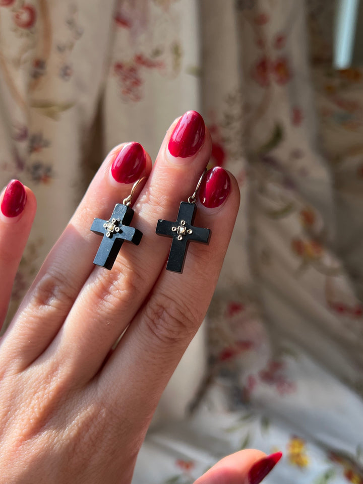 Rare 1860’s Jet Earrings in the Shape of Crosses