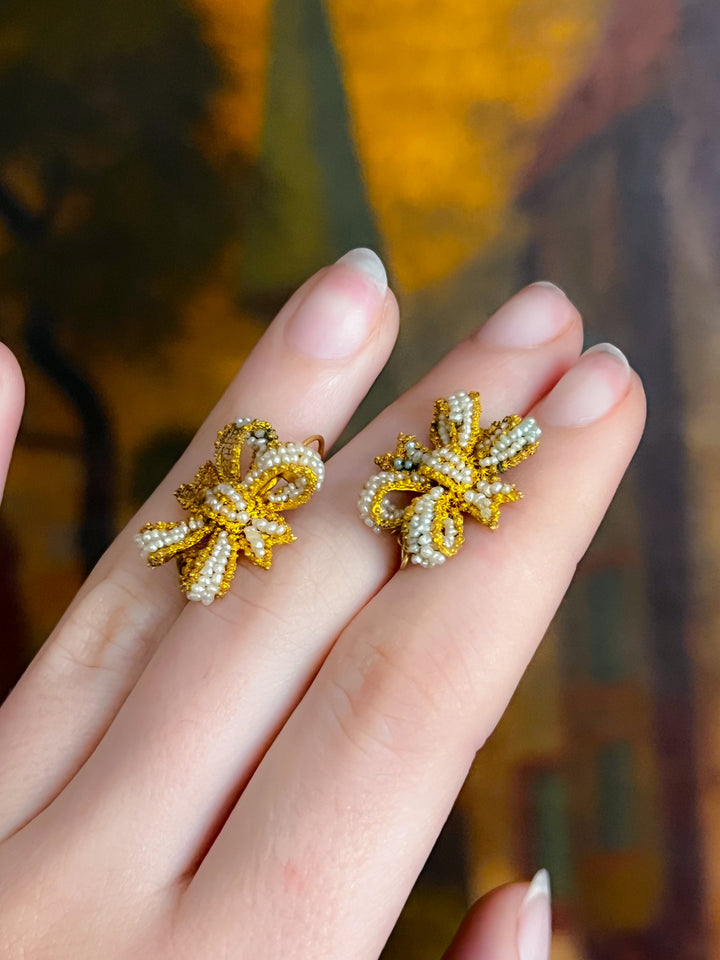 French 18ct Pearl Bow Earrings Circa 1800