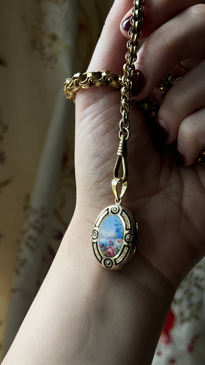 Outstanding Victorian Enamel Locket of Floral Vista
