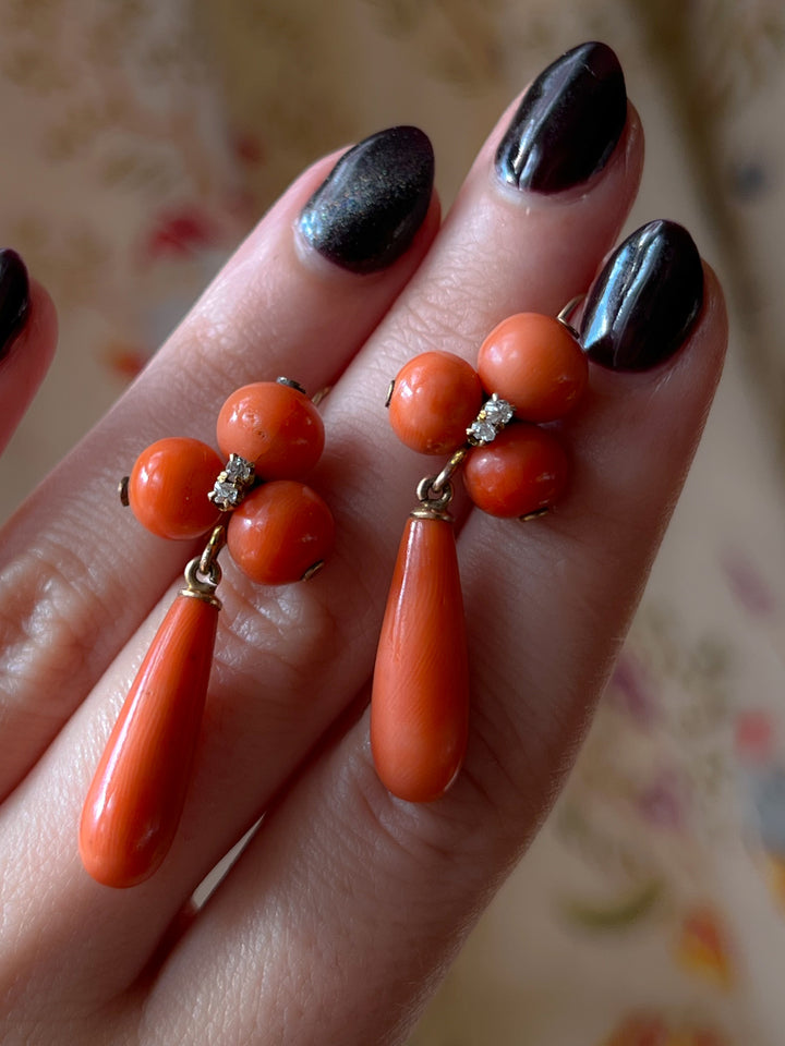 Stunning Pair of 1930's Coral Drop Earrings in 14ct