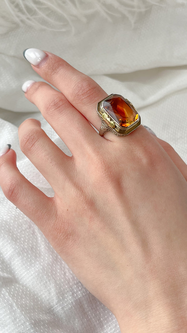 Art Deco Citrine cocktail ring in White and Yellow Gold