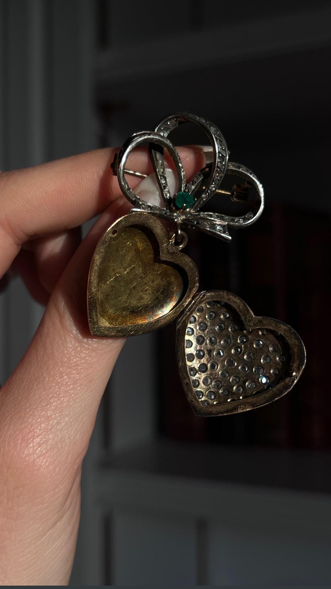 Rose Cut Diamond Heart Locket with Sévigné Bow Brooch Top