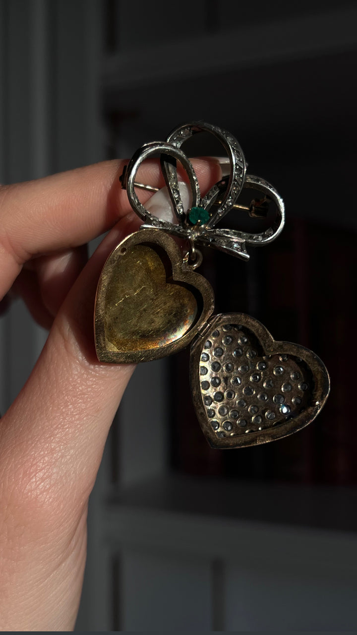 Rose Cut Diamond Heart Locket with Sévigné Bow Brooch Top