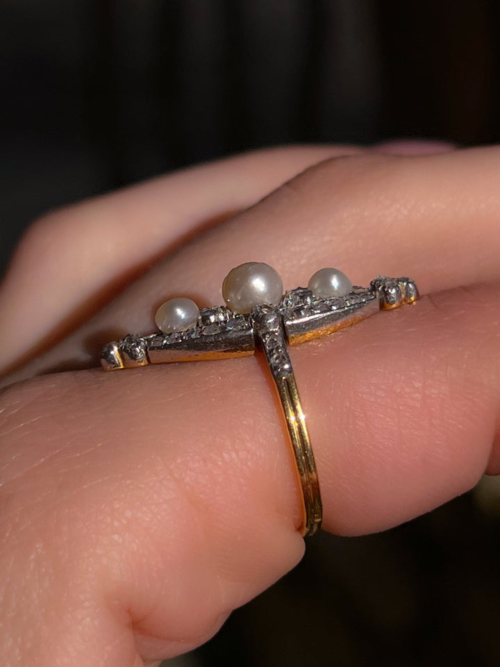 French Belle Époque Platinum and Diamond Navette With Pearls