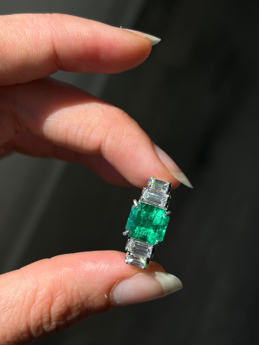 Platinum Emerald & Step Cut Diamond Ring | 4.21ctw | Solid Platinum PT900 | Vintage c.1980s