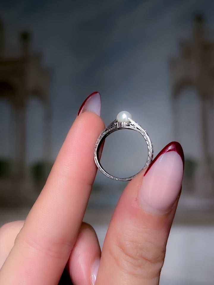 Art Deco Platinum Diamond and Pearl Ring Circa 1910