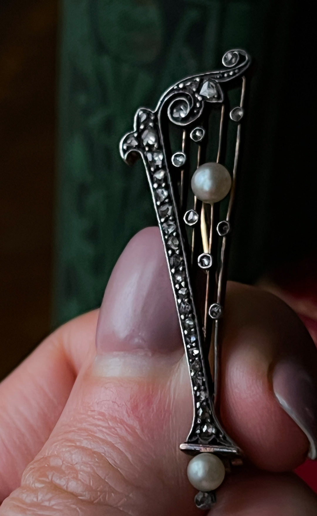 French Diamond And Pearl Harp Brooch Circa 1850