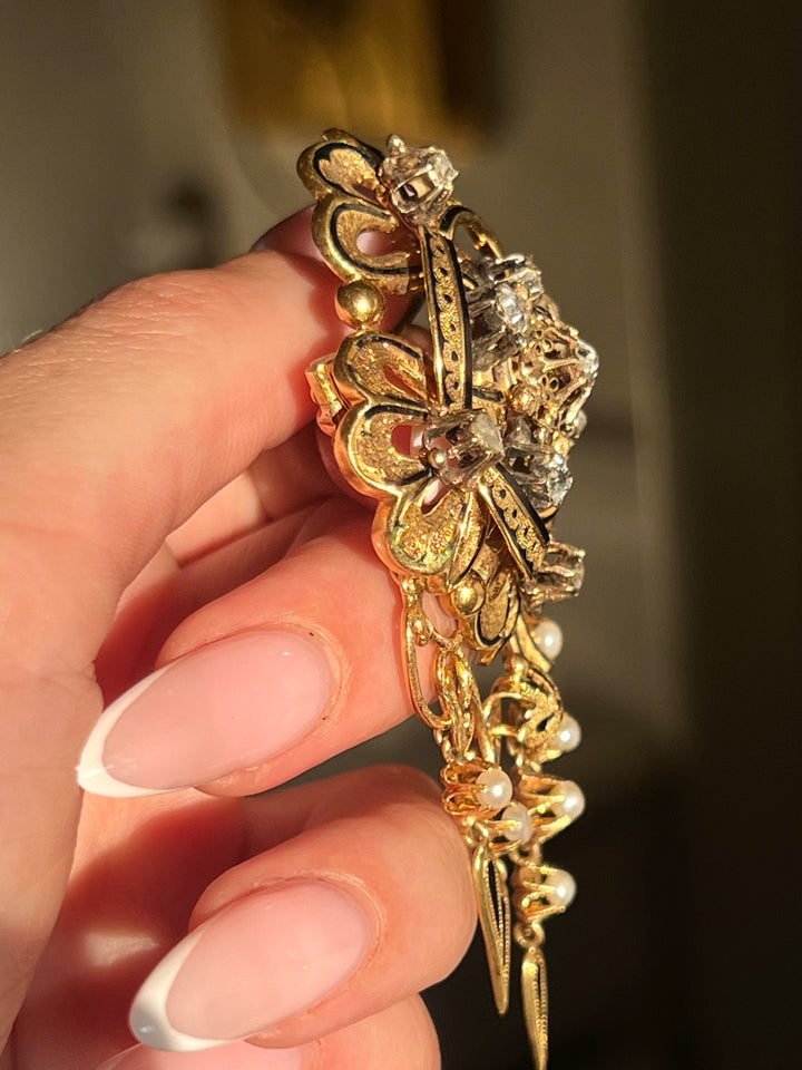 Napoleon III Diamond and Pearl Corsage Brooch