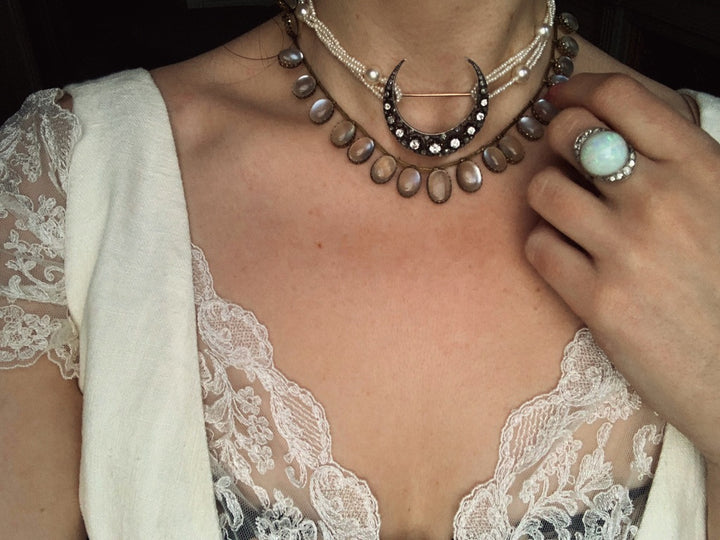 Antique French 18ct Gold & Diamond Crescent Brooch C. 1860