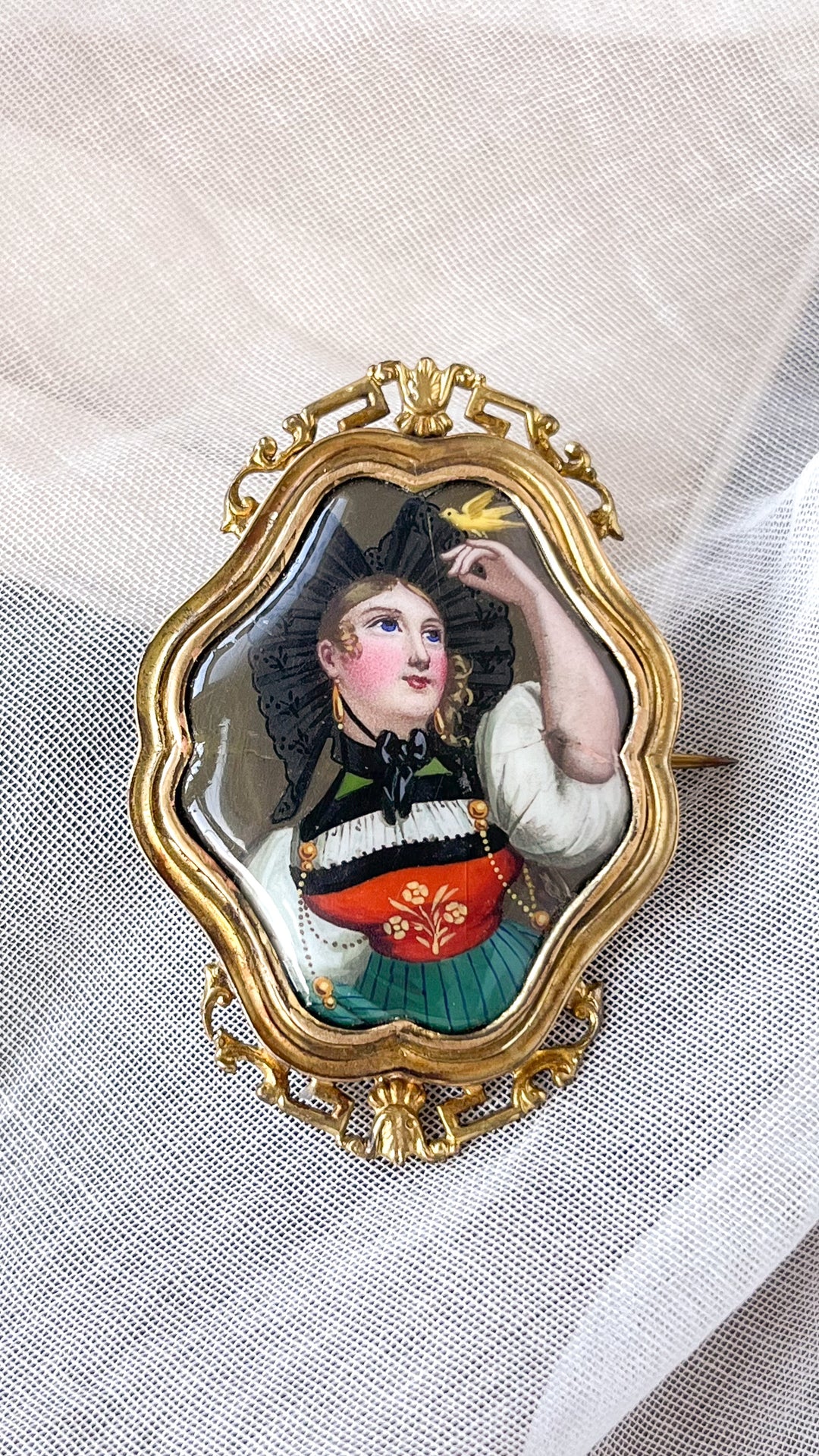 Outstanding 18ct Swiss Enamel Portrait Brooch of Contadina with Yellow Bird in the Romantic Fashion of Franz Xavier Winterhalter