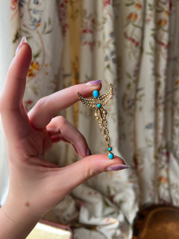 Stunning 18ct Turquoise and Pearl Caduceus Brooch C 1905