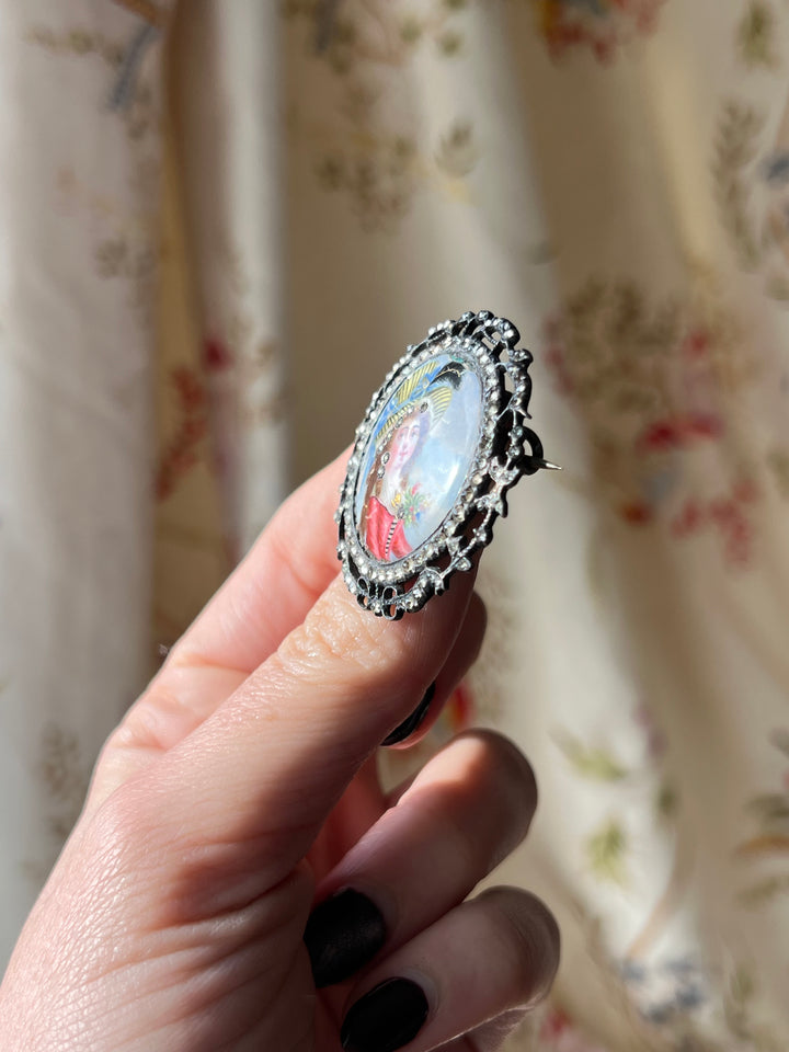 Sterling Silver 18th Century Portrait Brooch With Paste Garland and Halo