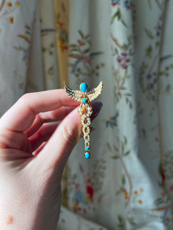 Stunning 18ct Turquoise and Pearl Caduceus Brooch C 1905