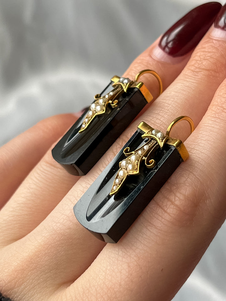 Gorgeous Onyx and Pearl Victorian Geometric Conversion Earrings